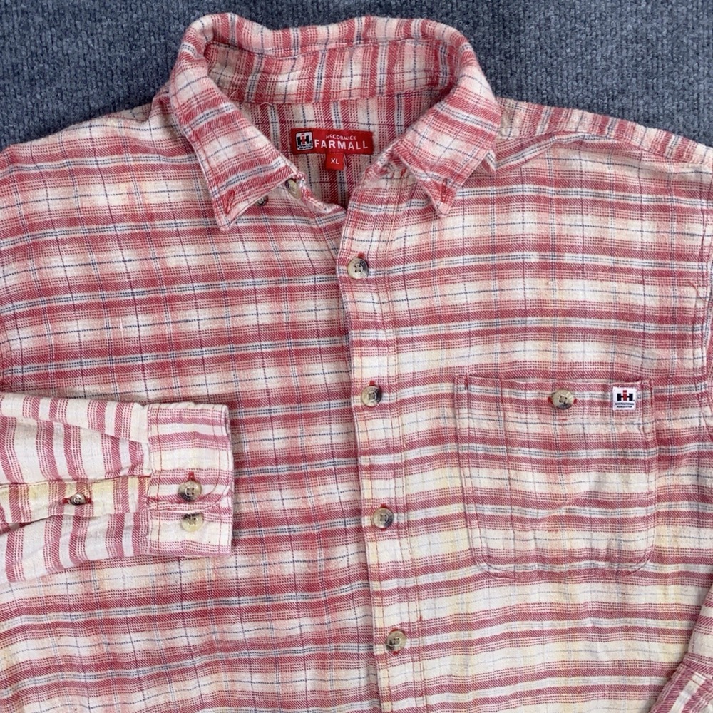 International Harvester‎ McCormick Farmall Red Plaid Flannel Ombré Shirt Mens XL